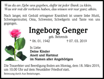 Traueranzeige von Ingeborg Genger (geb. Behrends)  von Magdeburger Volksstimme