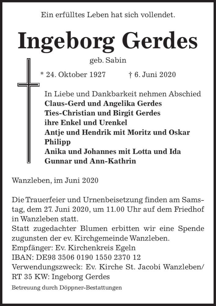  Traueranzeige für Ingeborg Gerdes (geb. Sabin)  vom 13.06.2020 aus Magdeburger Volksstimme