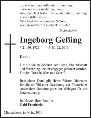 Traueranzeige von Ingeborg Geßing  von Magdeburger Volksstimme
