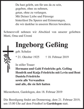Traueranzeige von Ingeborg Geßing (geb. Schulze)  von Magdeburger Volksstimme
