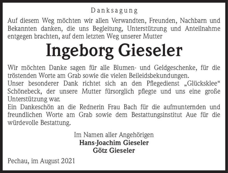  Traueranzeige für Ingeborg Gieseler  vom 07.08.2021 aus Magdeburger Volksstimme