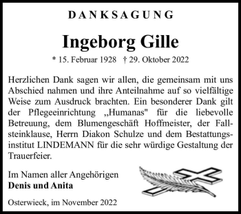 Traueranzeige von Ingeborg Gille  von Magdeburger Volksstimme