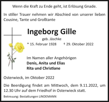 Traueranzeige von Ingeborg Gille (geb. Jäschke)  von Magdeburger Volksstimme