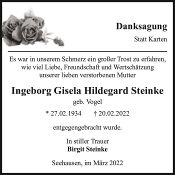 Traueranzeige von Ingeborg Gisela Hildegard Steinke (geb. Vogel)  von Magdeburger Volksstimme