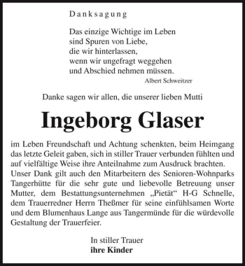 Traueranzeige von Ingeborg Glaser  von Magdeburger Volksstimme
