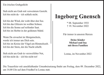 Traueranzeige von Ingeborg Gnensch  von Magdeburger Volksstimme