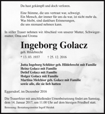 Traueranzeige von Ingeborg Golacz (geb. Hildebrecht)  von Magdeburger Volksstimme