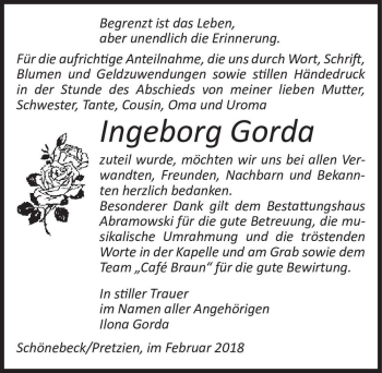 Traueranzeige von Ingeborg Gorda  von Magdeburger Volksstimme