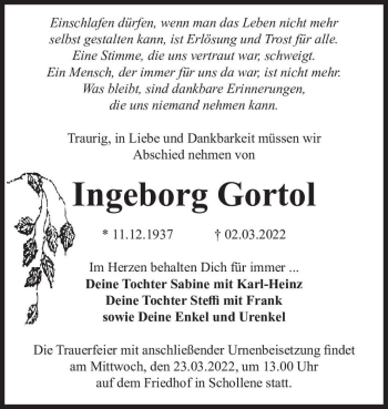 Traueranzeige von Ingeborg Gortol  von Magdeburger Volksstimme