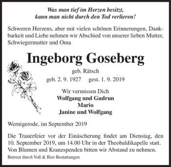 Traueranzeige von Ingeborg Goseberg (geb. Rätsch)  von Magdeburger Volksstimme