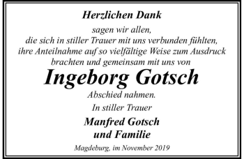 Traueranzeige von Ingeborg Gotsch  von Magdeburger Volksstimme
