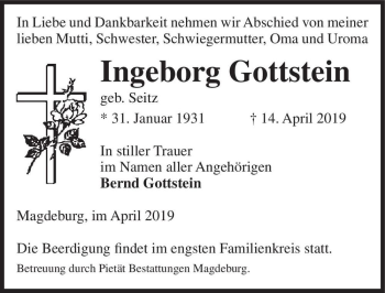 Traueranzeige von Ingeborg Gottstein (geb. Seitz)  von Magdeburger Volksstimme