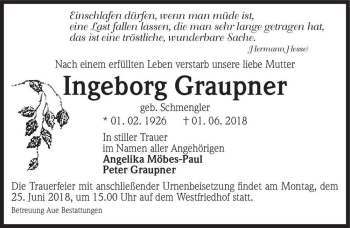 Traueranzeige von Ingeborg Graupner (geb. Schmengler)  von Magdeburger Volksstimme
