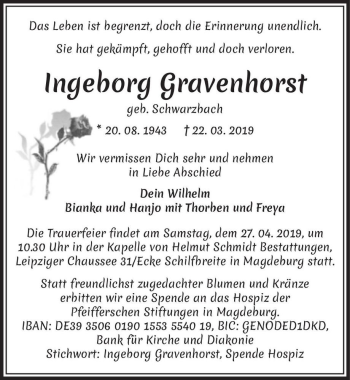 Traueranzeige von Ingeborg Gravenhorst (geb. Schwarzbach)  von Magdeburger Volksstimme
