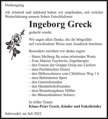 Traueranzeige von Ingeborg Greck  von Magdeburger Volksstimme