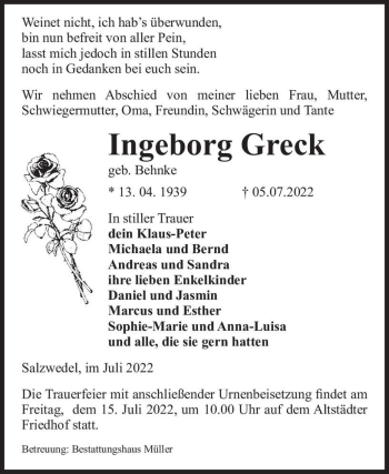 Traueranzeige von Ingeborg Greck (geb. Behnke)  von Magdeburger Volksstimme