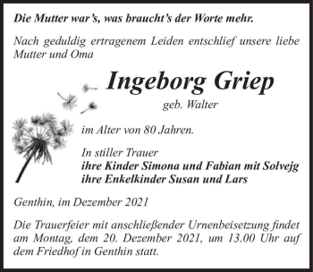 Traueranzeige von Ingeborg Griep (geb. Walter)  von Magdeburger Volksstimme