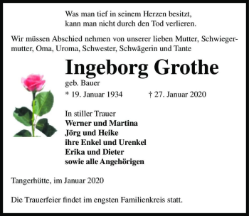 Traueranzeige von Ingeborg Grothe (geb. Bauer)  von Magdeburger Volksstimme