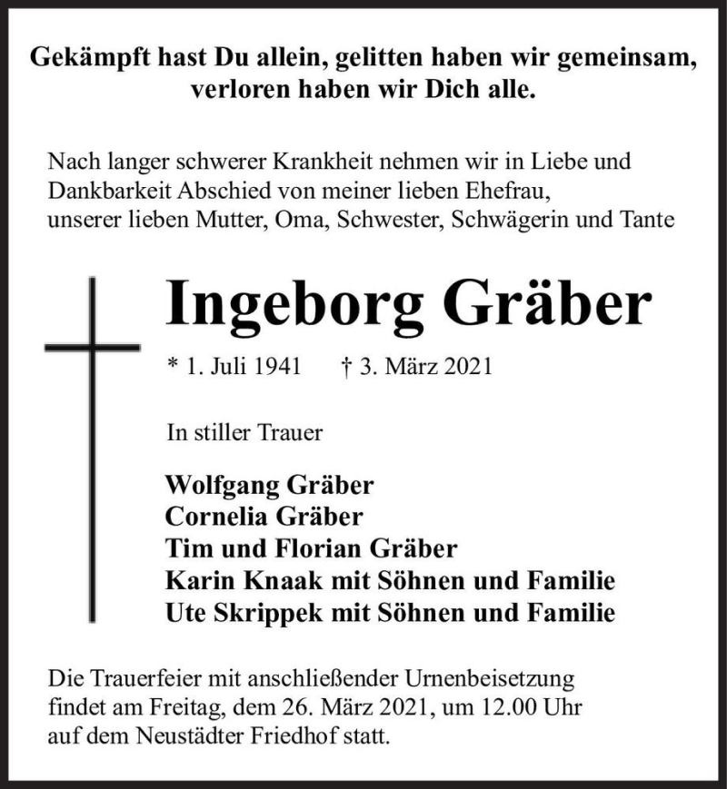  Traueranzeige für Ingeborg Gräber  vom 20.03.2021 aus Magdeburger Volksstimme
