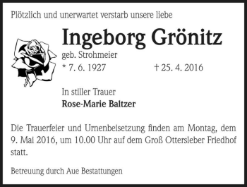 Traueranzeige von Ingeborg Grönitz (geb. Strohmeier)  von Magdeburger Volksstimme