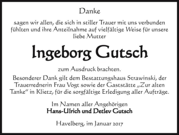 Traueranzeige von Ingeborg Gutsch  von Magdeburger Volksstimme