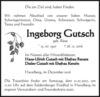 Traueranzeige von Ingeborg Gutsch (geb. Röse)  von Magdeburger Volksstimme