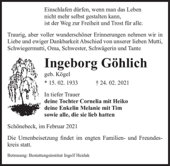 Traueranzeige von Ingeborg Göhlich (geb. Kögel)  von Magdeburger Volksstimme