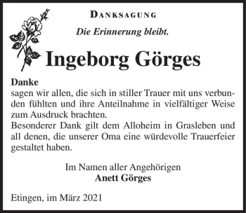Traueranzeige von Ingeborg Görges  von Magdeburger Volksstimme