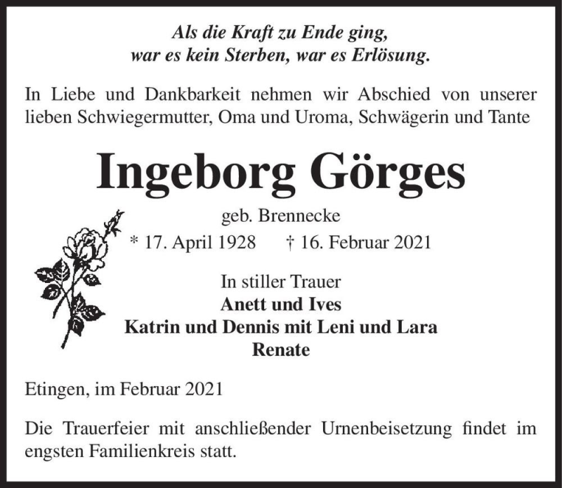  Traueranzeige für Ingeborg Görges (geb. Brennecke)  vom 19.02.2021 aus Magdeburger Volksstimme