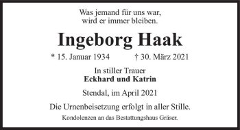Traueranzeige von Ingeborg Haak  von Magdeburger Volksstimme