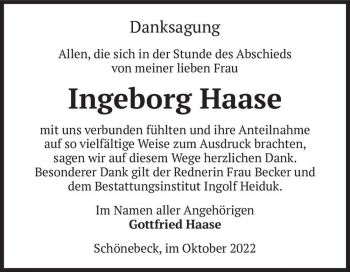 Traueranzeige von Ingeborg Haase  von Magdeburger Volksstimme