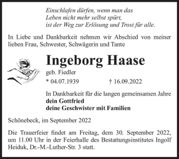 Traueranzeige von Ingeborg Haase (geb. Fiedler)  von Magdeburger Volksstimme