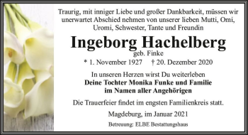 Traueranzeige von Ingeborg Hachelberg (geb. Finke)  von Magdeburger Volksstimme