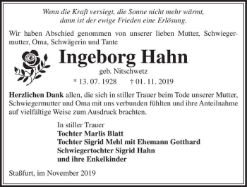 Traueranzeige von Ingeborg Hahn (geb. Nitschwetz)  von Magdeburger Volksstimme