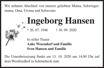 Traueranzeige von Ingeborg Hansen  von Magdeburger Volksstimme