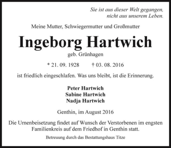 Traueranzeige von Ingeborg Hartwich (geb. Grünhagen)  von Magdeburger Volksstimme