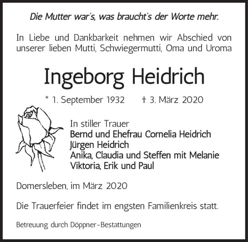  Traueranzeige für Ingeborg Heidrich  vom 14.03.2020 aus Magdeburger Volksstimme