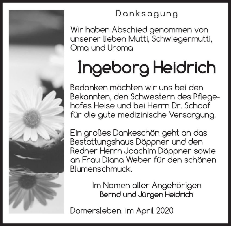  Traueranzeige für Ingeborg Heidrich  vom 04.04.2020 aus Magdeburger Volksstimme