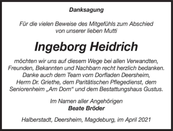 Traueranzeige von Ingeborg Heidrich  von Magdeburger Volksstimme