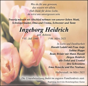 Traueranzeige von Ingeborg Heidrich (geb. Behrens)  von Magdeburger Volksstimme