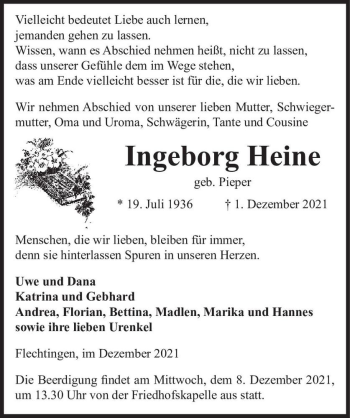 Traueranzeige von Ingeborg Heine (geb. Pieper)  von Magdeburger Volksstimme