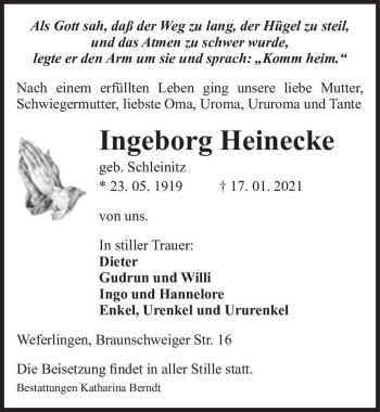 Traueranzeige von Ingeborg Heinecke (geb. Schleinitz)  von Magdeburger Volksstimme