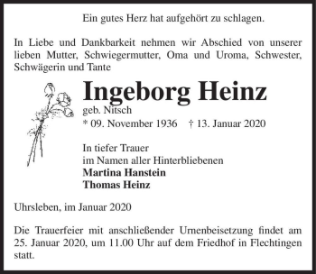 Traueranzeige von Ingeborg Heinz (geb. Nitsch)  von Magdeburger Volksstimme
