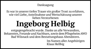 Traueranzeige von Ingeborg Helbig  von Magdeburger Volksstimme