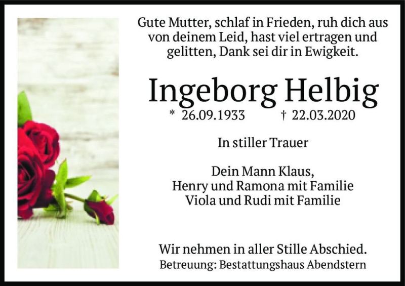  Traueranzeige für Ingeborg Helbig  vom 28.03.2020 aus Magdeburger Volksstimme