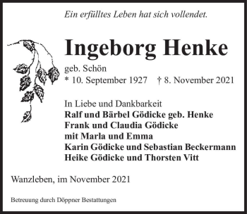 Traueranzeige von Ingeborg Henke (geb. Schön)  von Magdeburger Volksstimme