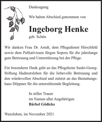 Traueranzeige von Ingeborg Henke (geb. Schön)  von Magdeburger Volksstimme