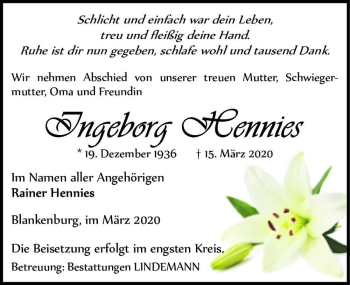 Traueranzeige von Ingeborg Hennies  von Magdeburger Volksstimme