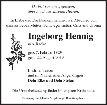 Traueranzeige von Ingeborg Hennig (geb. Radke)  von Magdeburger Volksstimme
