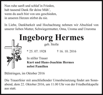 Traueranzeige von Ingeborg Hermes (geb. Stolle)  von Magdeburger Volksstimme